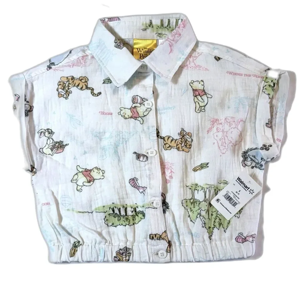 Disney Winnie The Pooh Girls Crop Top Blouse Button Down Short Sleeve Size S NWT